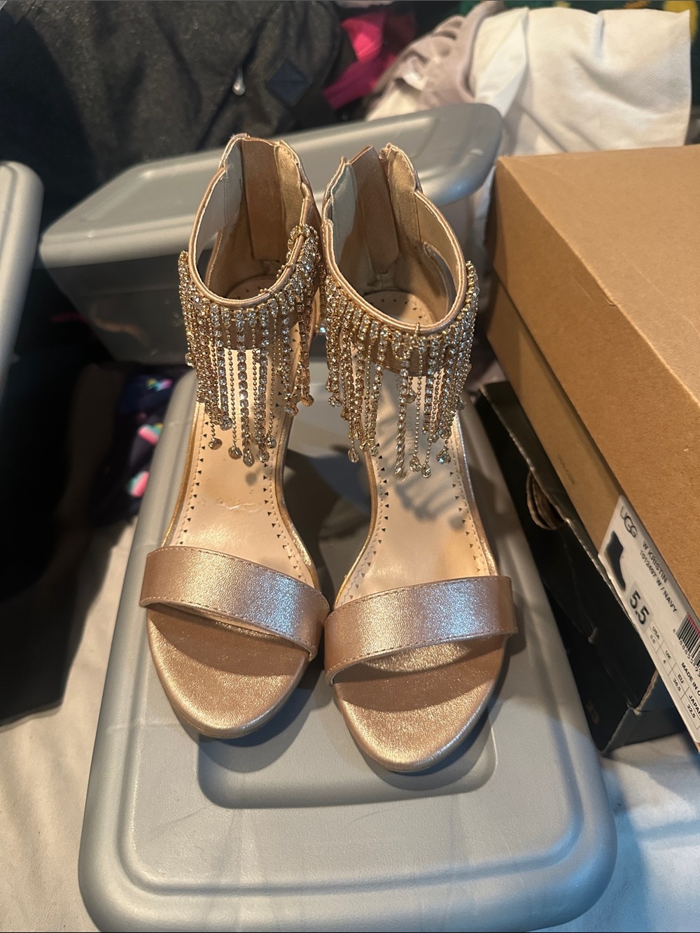 Adrienne Vittadini Metallic Gold Fringe Ankle-Strap Heels